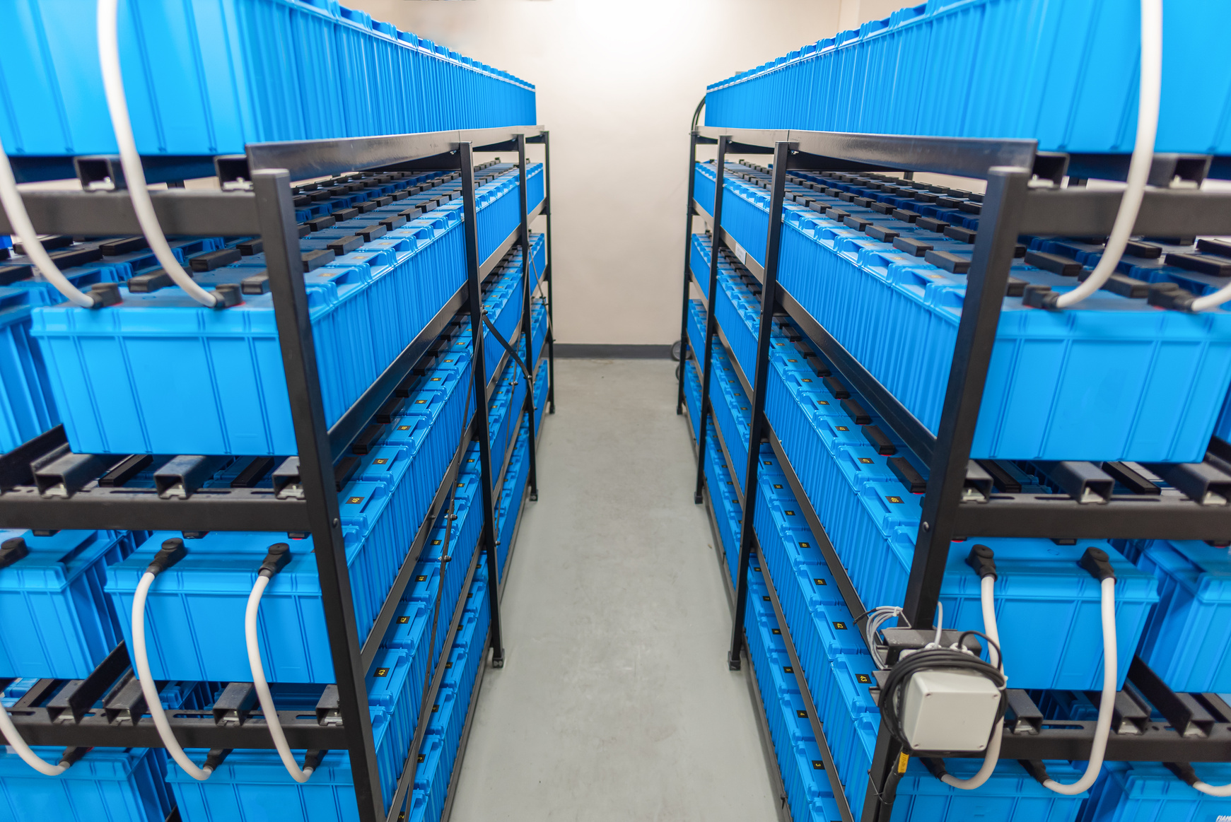 Battery room,Rows of batteries in industrial backup power system.